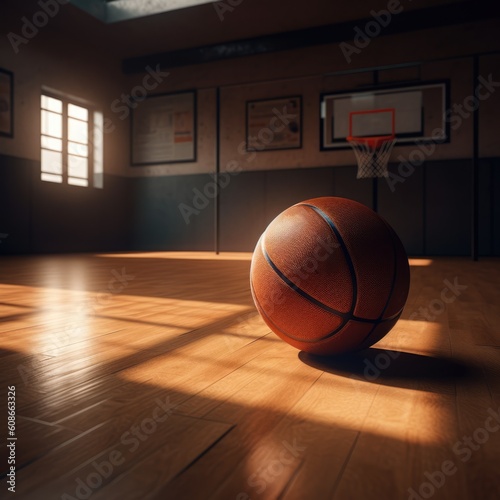 Basketball in basketball court with wooden floor, created using generative ai technology