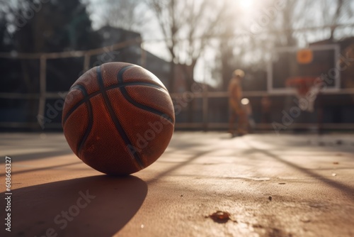 Basketball in basketball court surrounded by trees, created using generative ai technology © Future Vision