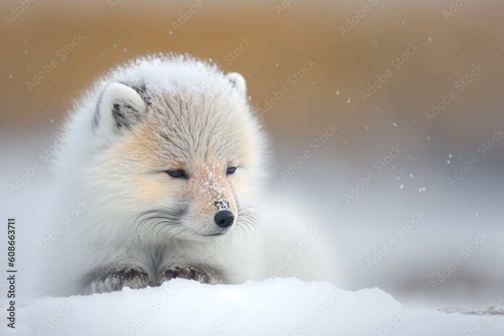 Close up of cute white fox on rock, created using generative ai technology