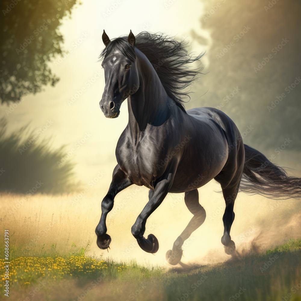 Close up of wild black horse running in field, created using generative ai technology Close up of wild black horse running in field, created using generative ai technology