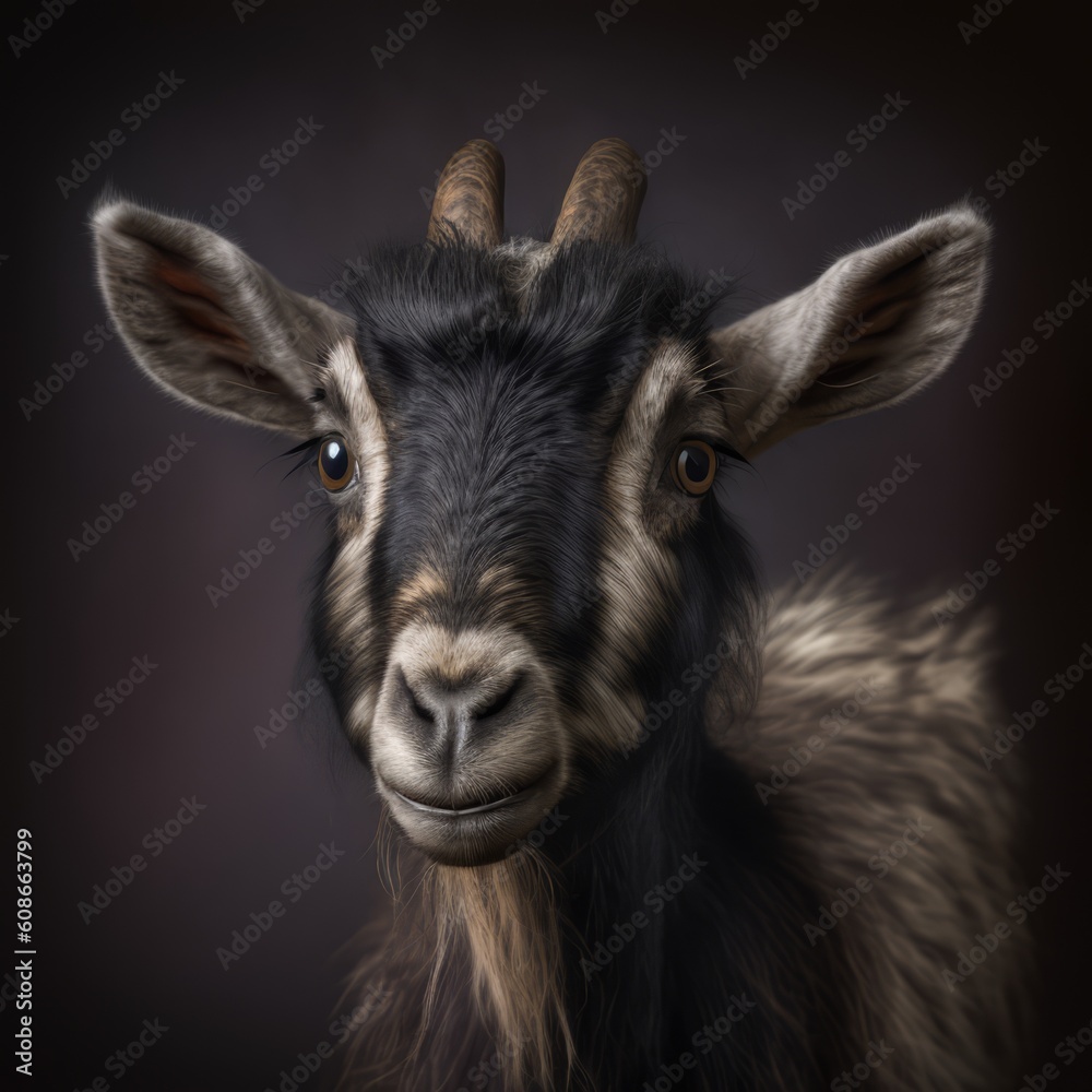 Close up of cute pygmy goat in barn, created using generative ai technology