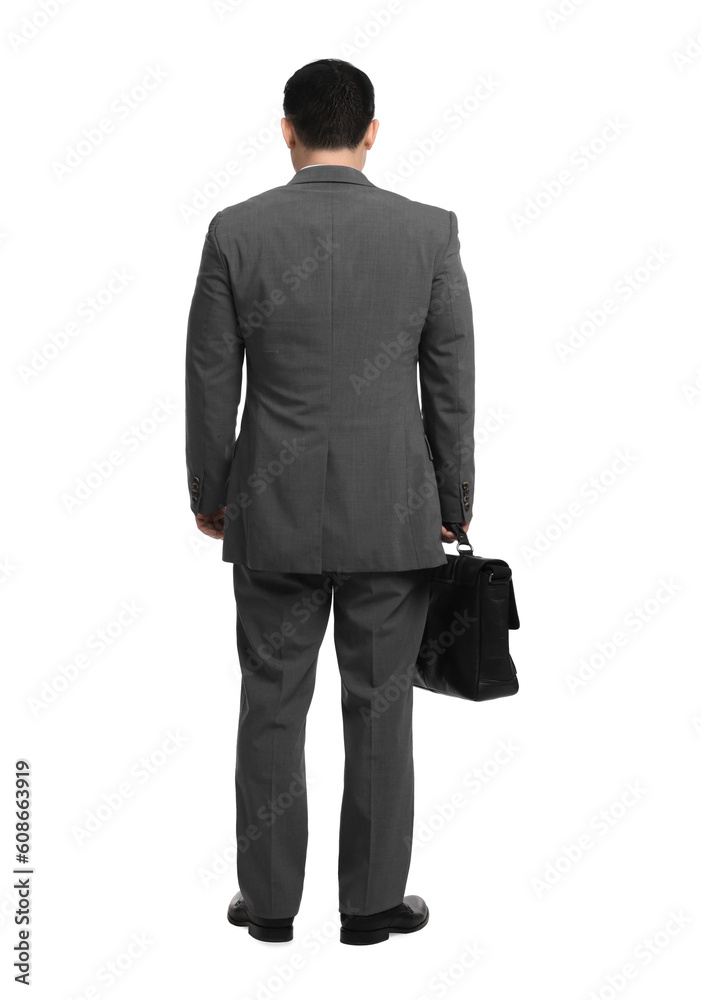 Businessman with briefcase posing on white background, back view Businessman with briefcase posing on white background, back view