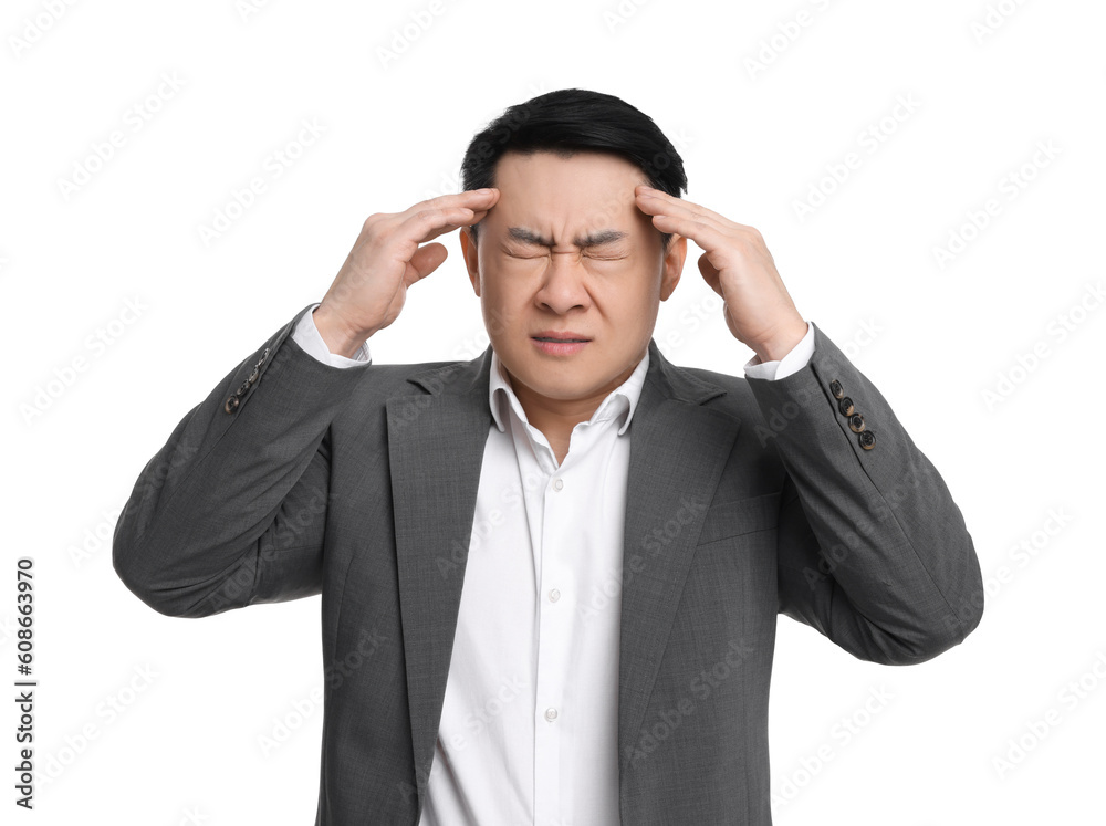 Tired businessman in suit suffering from headache on white background Tired businessman in suit suffering from headache on white background