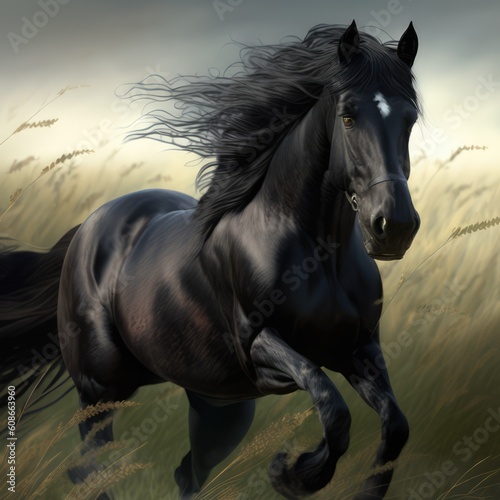 Close up of wild black horse running in field, created using generative ai technology