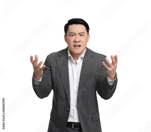 Angry businessman in suit screaming on white background