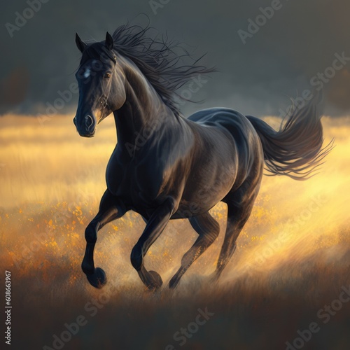 Close up of wild black horse running in field  created using generative ai technology