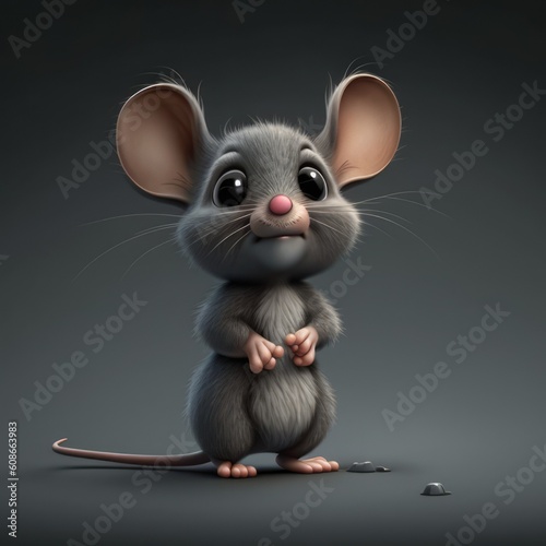 Close up of cute grey mouse on grey background, created using generative ai technology