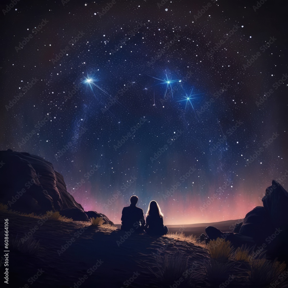 Close up of couple star gazing at night sky, created using generative ai technology