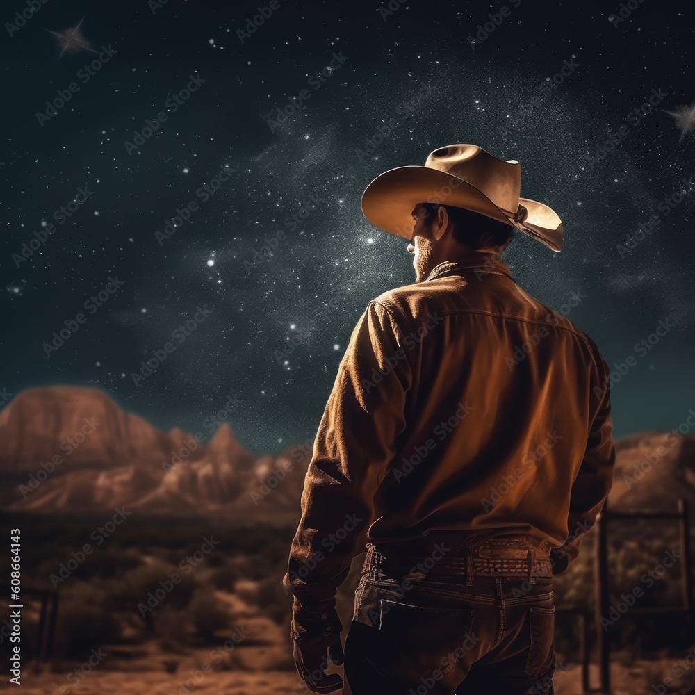 Cowboy star gazing at night sky, created using generative ai technology Cowboy star gazing at night sky, created using generative ai technology