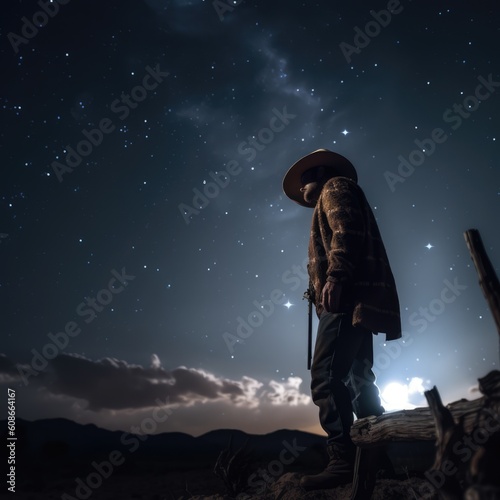 Cowboy star gazing at night sky with full moon, created using generative ai technology