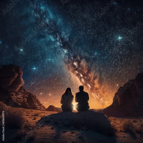 Couple in nature star gazing at night sky, created using generative ai technology