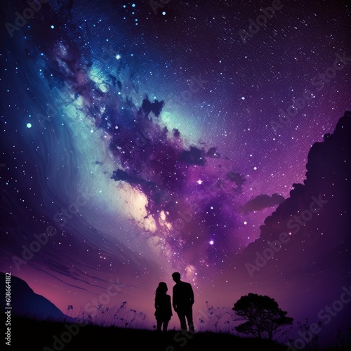 Couple in mountains star gazing at night sky, created using generative ai technology