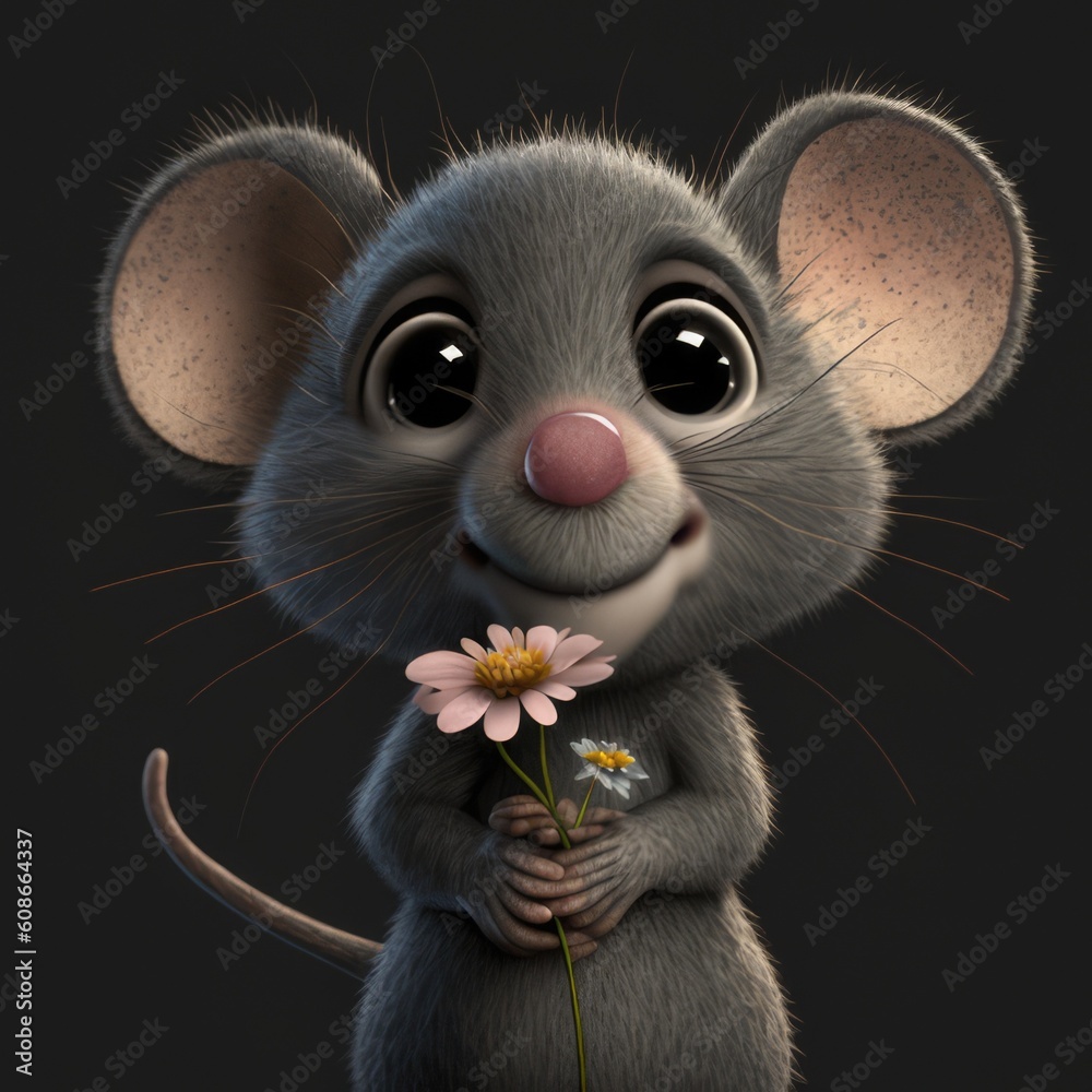 Close up of cute grey mouse on grey background, created using generative ai technology