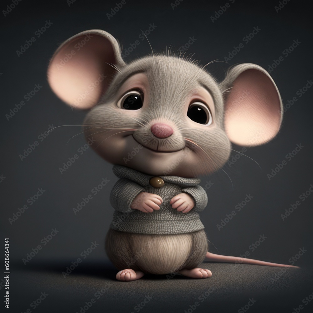 Close up of cute grey mouse on grey background, created using generative ai technology