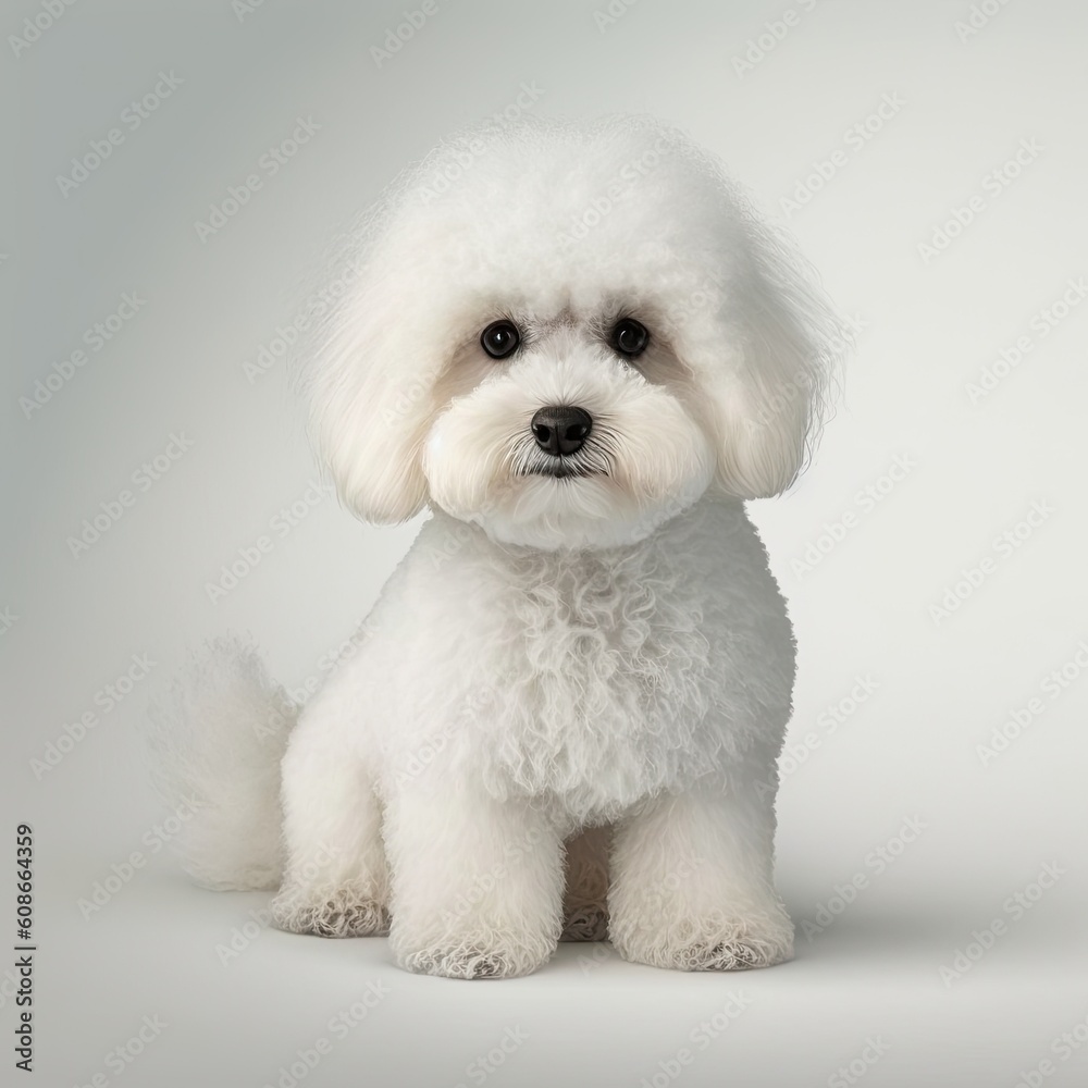Close up of cute bichon dog on white background, created using generative ai technology