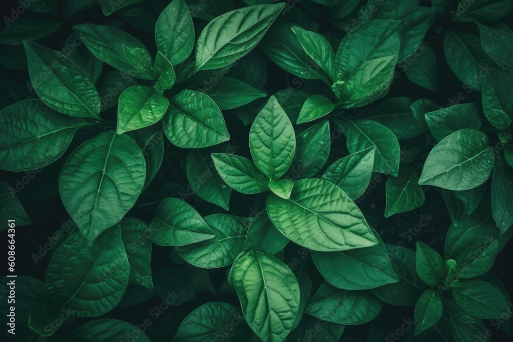 Close up of multiple green leaves background, created using generative ai technology