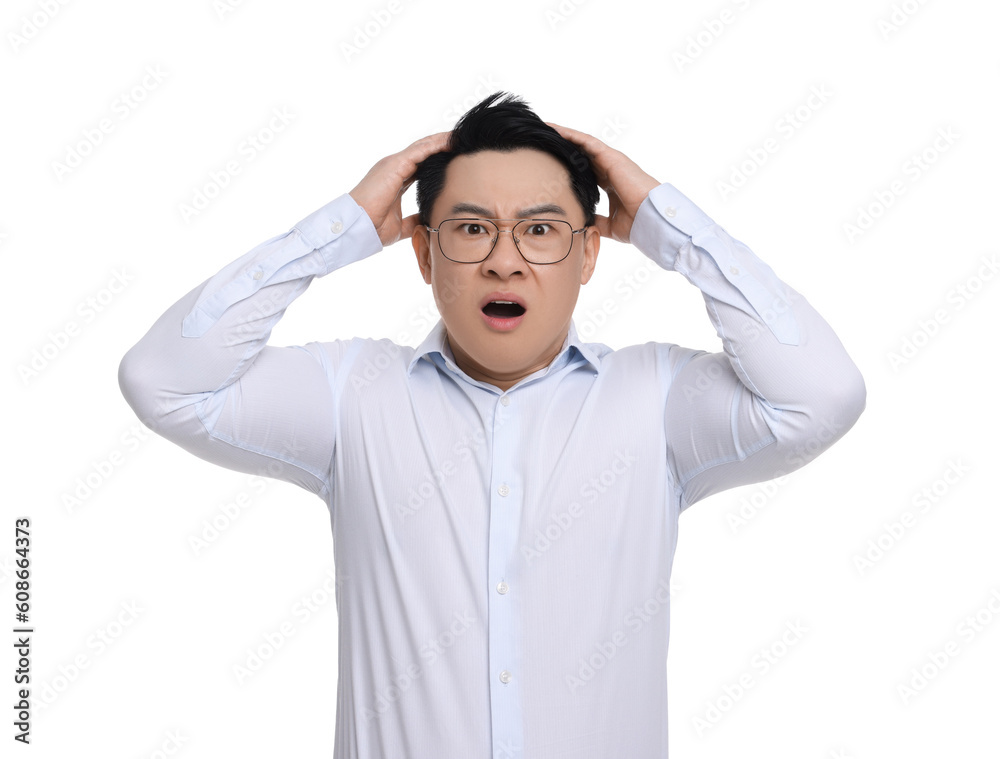 Confused businessman in formal clothes wearing glasses on white background Confused businessman in formal clothes wearing glasses on white background