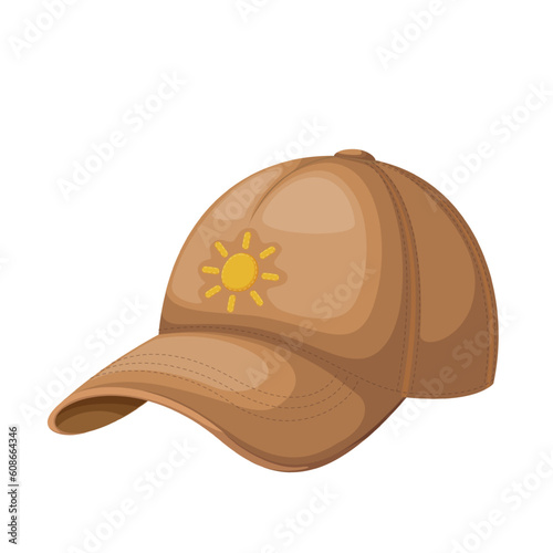 Baseball cap for kid vector illustration. Cartoon isolated brown summer beach hat for baby child, cap with visor and cute yellow sun sign on front, headwear for sun protection of childrens head
