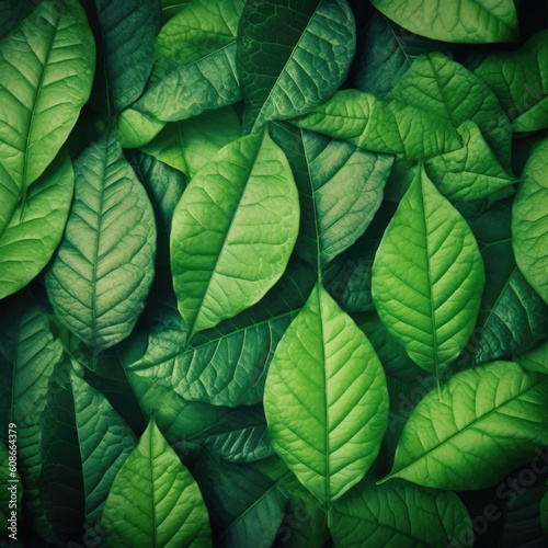 Close up of multiple green and orange leaves background, created using generative ai technology