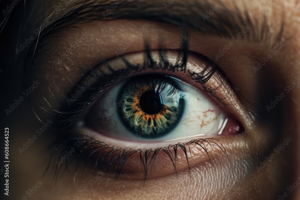 Fototapeta premium Close up of woman's eye with patterned pupil, created using generative ai technology