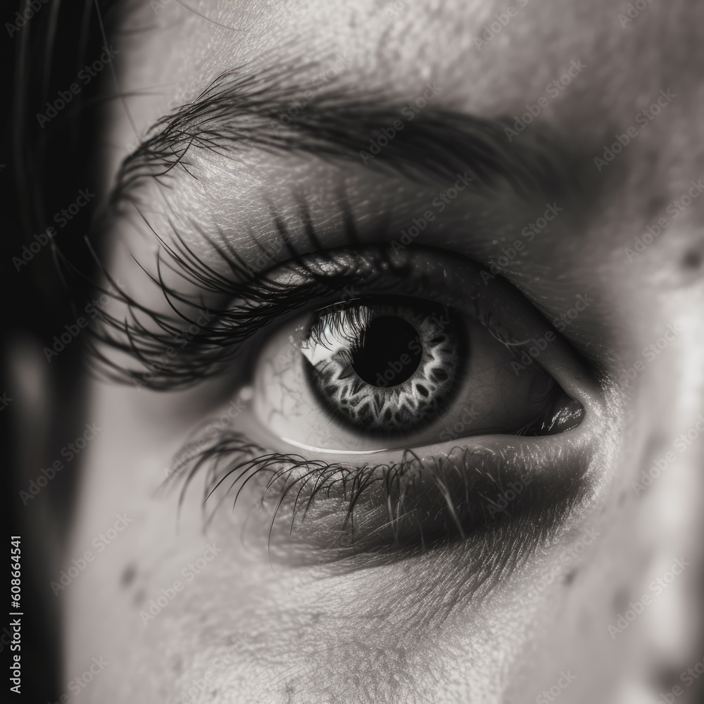 Obraz premium Close up of woman's eye in black and white, created using generative ai technology