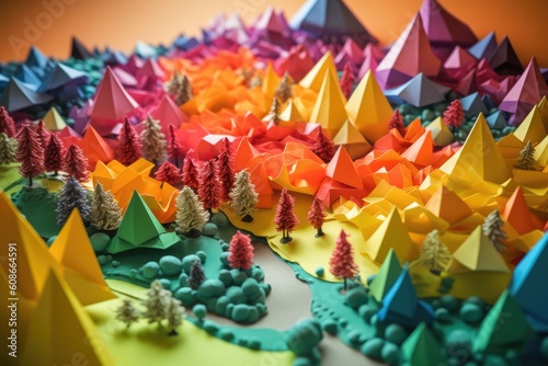 Rainbow origami landscape with trees and mountains, created using generative ai technology