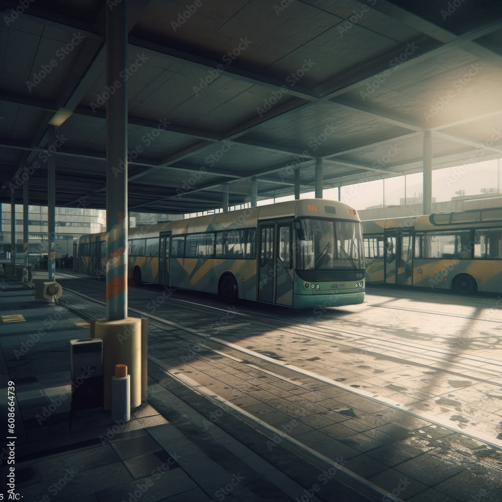 Bus parked at bus station at sunset, created using generative ai technology Bus parked at bus station at sunset, created using generative ai technology