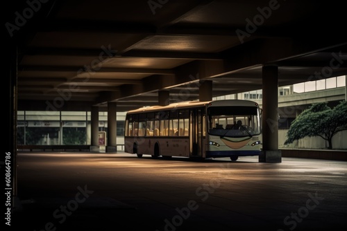Interior of empty bus station, created using generative ai technology
