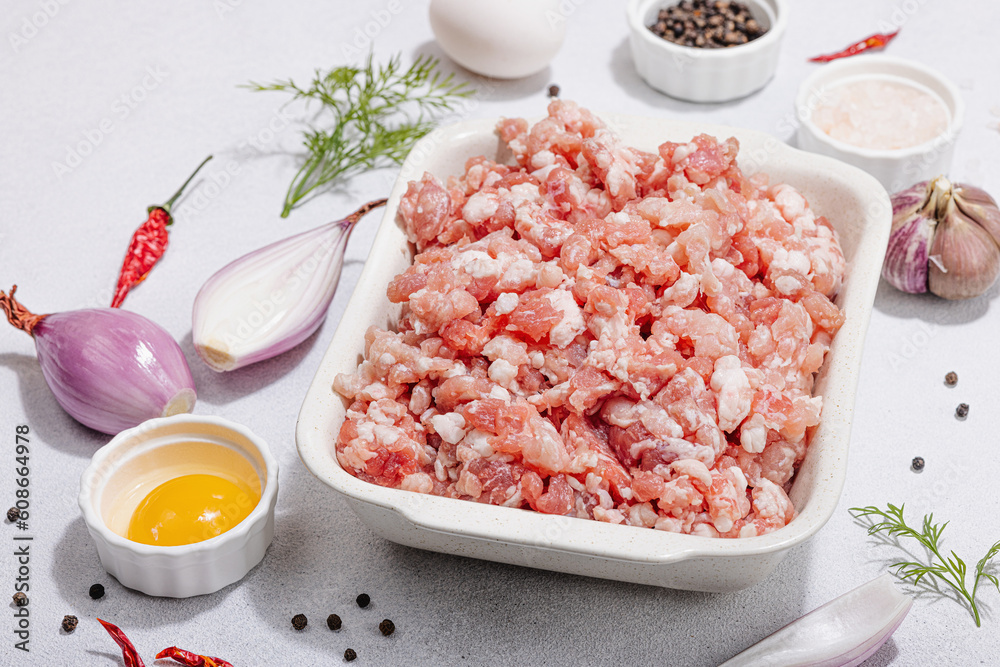Raw minced meat, spices and herbs. Traditional ingredients for cooking cutlets or meatballs Raw minced meat, spices and herbs. Traditional ingredients for cooking cutlets or meatballs