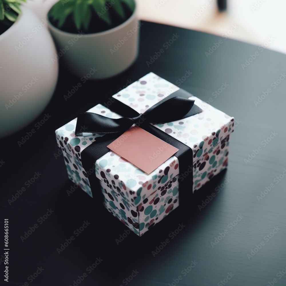 Obraz premium Close up of white and blue gift with ribbon and flowers, created using generative ai technology