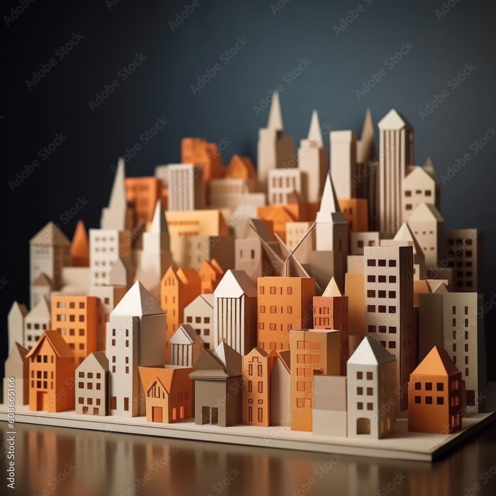 Origami cityscape with sunset on orange background, created using generative ai technology