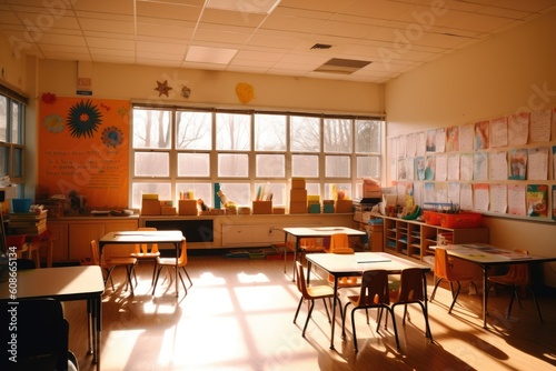 Interiors of classroom with windows, created using generative ai technology