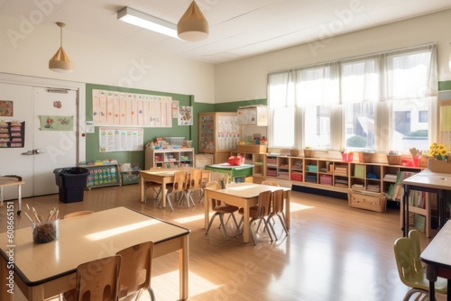 Interiors of classroom with windows, created using generative ai technology