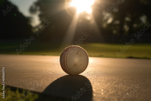 Close up of cricket ball on wooden surface, created using generative ai technology
