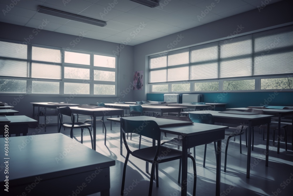 Interiors of classroom with windows, created using generative ai technology Interiors of classroom with windows, created using generative ai technology