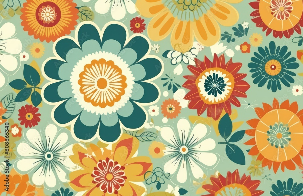 Multi coloured flowers on yellow background, created using generative ai technology Multi coloured flowers on yellow background, created using generative ai technology