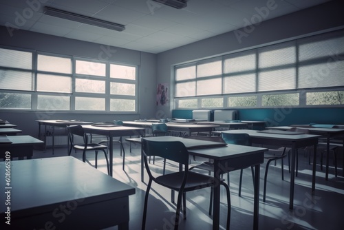 Interiors of classroom with windows, created using generative ai technology