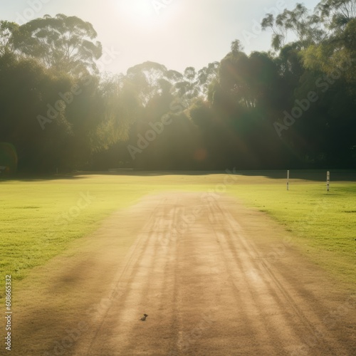Cricket players on cricket field with sun rays and trees, created using generative ai technology