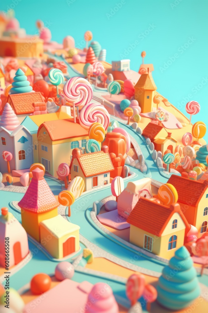 General view of colourful candyland in pastel colours, created using generative ai technology
