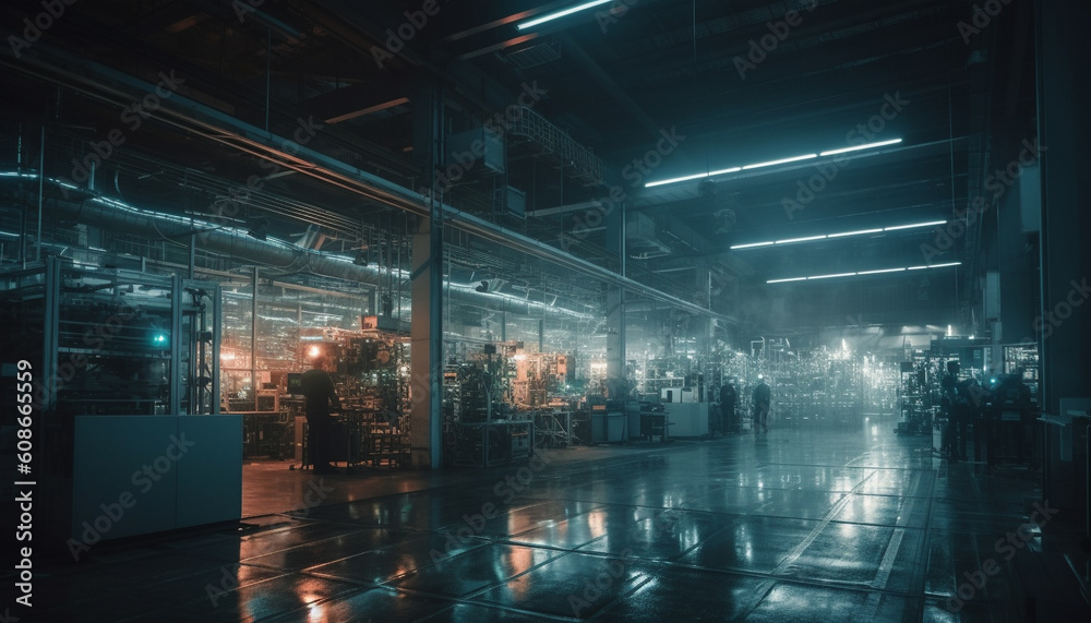 Inside the futuristic metal industry factory, machinery illuminates the workshop generated by AI Inside the futuristic metal industry factory, machinery illuminates the workshop generated by AI