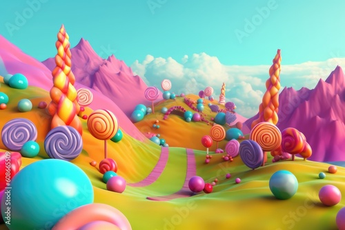 General view of colourful candyland in pastel colours, created using generative ai technology photo