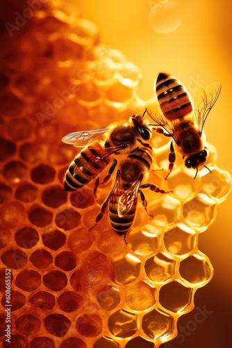 Close up of multiple bees on honeycomb on black background created using generative ai technology