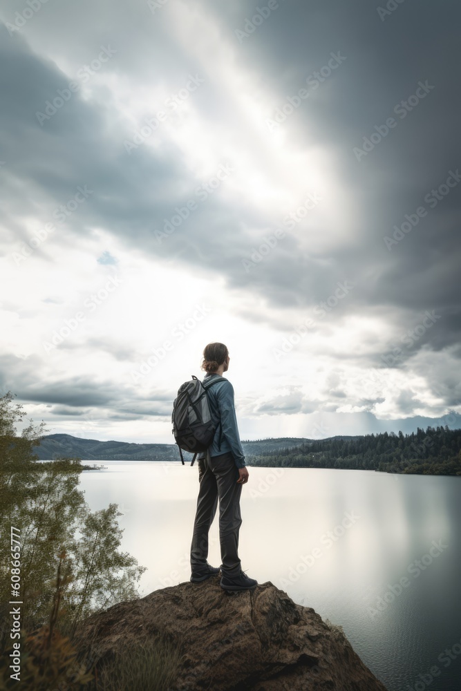 Caucasian female hiker standing on rock and looking at lake created using generative ai technology