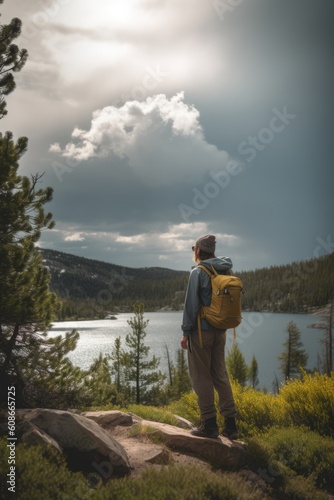 Caucasian male hiker looking at lake created using generative ai technology