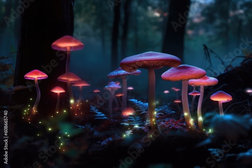 Close up of glowing mushrooms in forest created using generative ai technology
