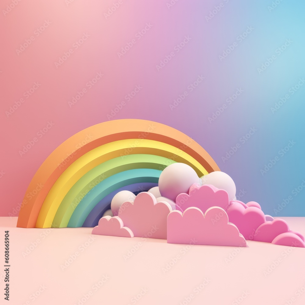 Colorful rainbow with white clouds on blue background created using generative ai technology Colorful rainbow with white clouds on blue background created using generative ai technology