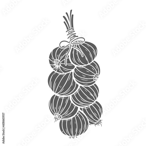 Bundle of onion bulbs glyph icon vector illustration. Stamp of whole onion heads with skin and roots hang together in plait, traditional rural braid of vegetables with string for storage and sale