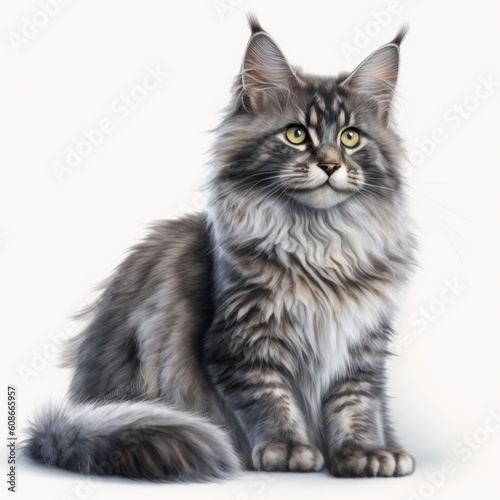 Close up of grey main coon cat on black background created using generative ai technology