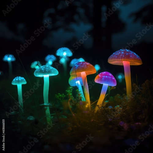 Close up of glowing mushrooms in forest created using generative ai technology