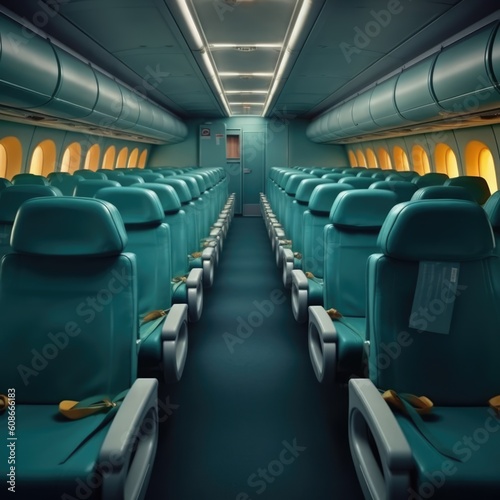 Interior of airplane with empty blue seats, created using generative ai technology